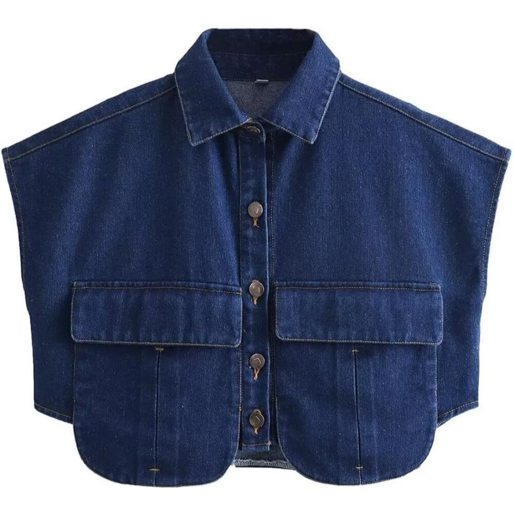 Women’s Cropped Denim Shirt Sleeveless Collared Button Top for Summer Casual